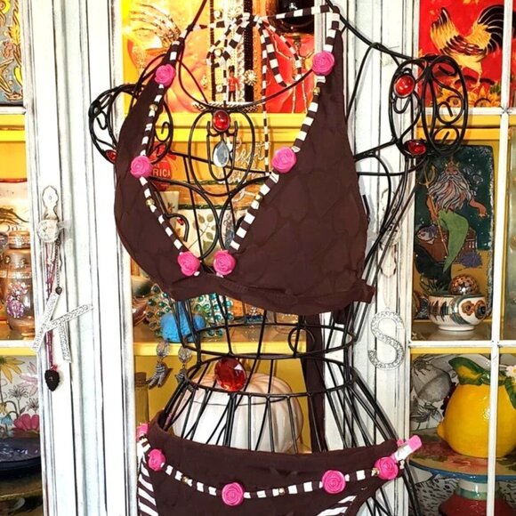 Vintage Betsey Johnson Bikini Pink 3D Rose Brown Hearts Fabric Swimsuit Size L M - Picture 5 of 14